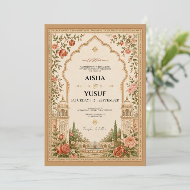 Convite de Nikah Islâmico de Jardim Mughal de Luxo (Em pé/Frente)