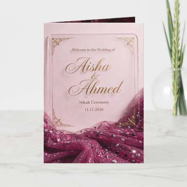 Convite de Nikah Luxuoso Rosa Bege com Brilho Dour (Frente)