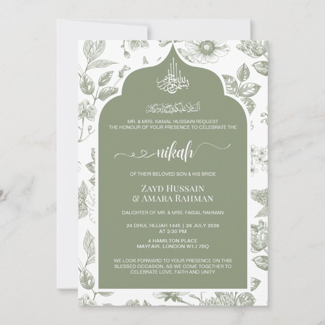 Convite de Nikah Verde Sage Elegante | Arte Linear (Frente)