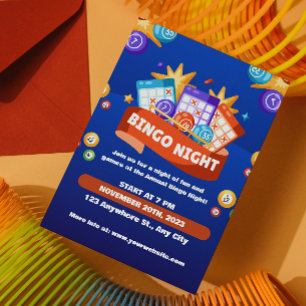 Convite de Noite de Bingo Azul e Laranja Divertida