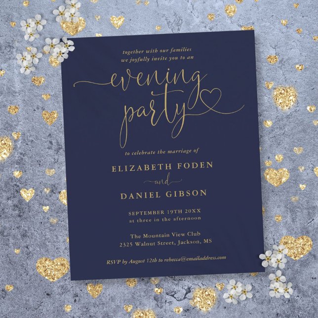 Convite de Noite de Casamento com Tema Azul Marinh (Budget Navy And Gold Evening Party Wedding Invite)