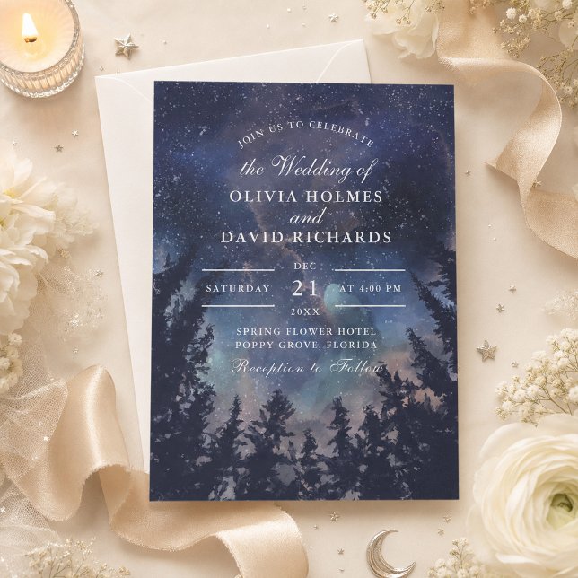 Convite de Noiva Celestial Floresta Noturna Estrel (Starry Night Forest Celestial Wedding Invitation on a table with flowers and celestial decor)