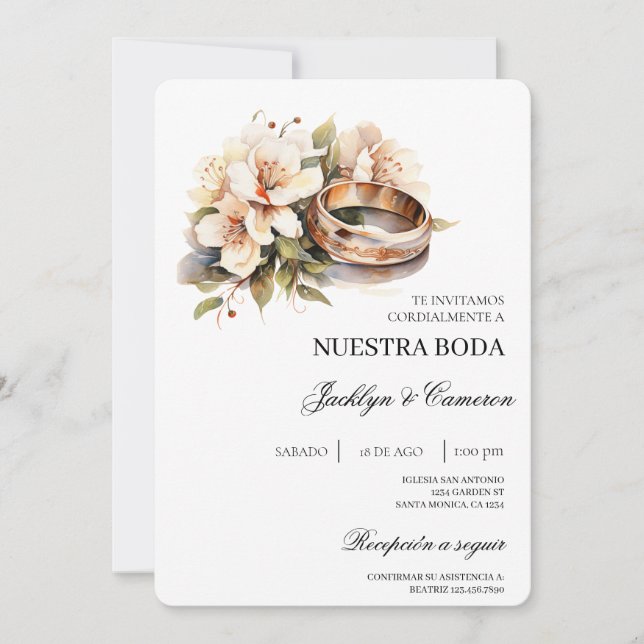 Convite de Noiva com Floral Branco e Anel em Espan (Frente)