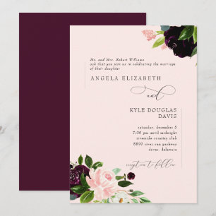 Convite de Noiva com Flores Elegantes Rosa e Vinho