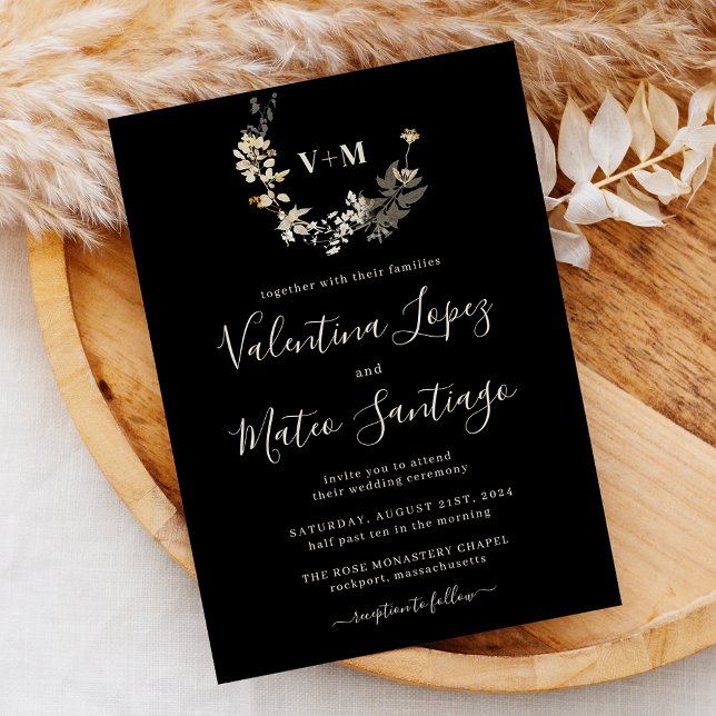Convite de Noiva com Folhagem Botânica Boho Preta (Criador carregado)