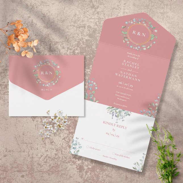 Convite de Noiva com Monograma Verde Floral Rosa P (Criador carregado)