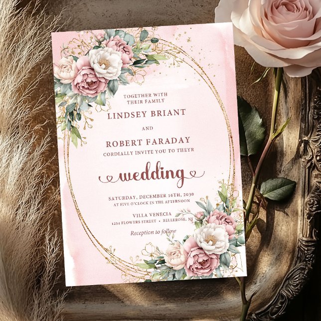 Convite de Noiva com Rosa Dourada e Flora  (Lovely Rose Gold Blush Floral Greenery Wedding Invitation

)
