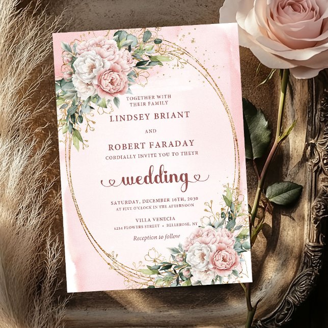 Convite de Noiva com Rosa Dourada Romântica e Flor (Romantic Rose Gold Blush Floral Greenery Wedding Invitation

)