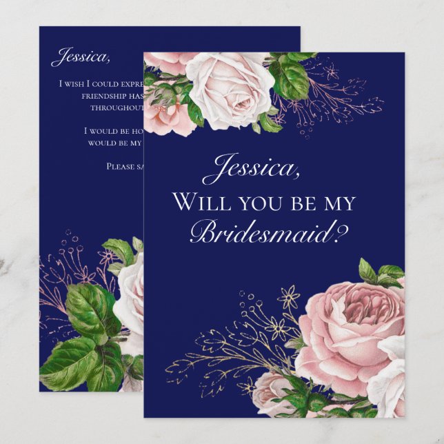 Convite de Noiva com Rosas Florais em Azul Marinho (Frente/Verso)