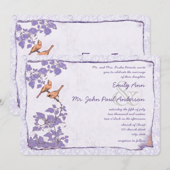 Convite de Noiva Damask Pássaro de Amor Orquídea (Frente/Verso)