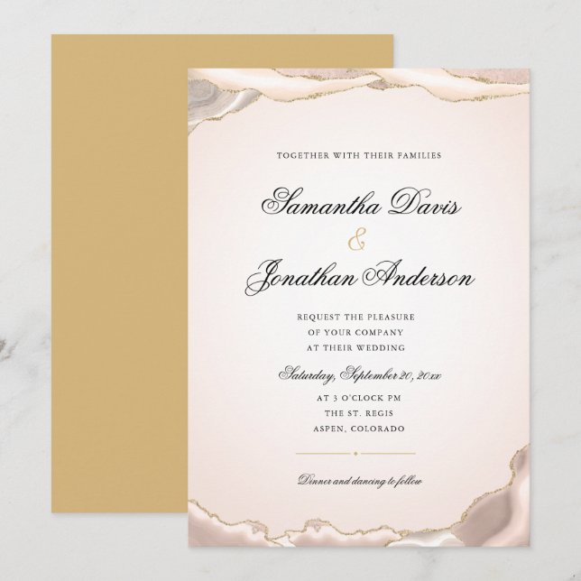 Convite de Noiva Elegante Blush Gold Glitter Agata (Frente/Verso)