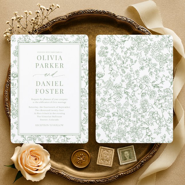 Convite de Noiva Elegante Verde Sage Toile Frances (Criador carregado)
