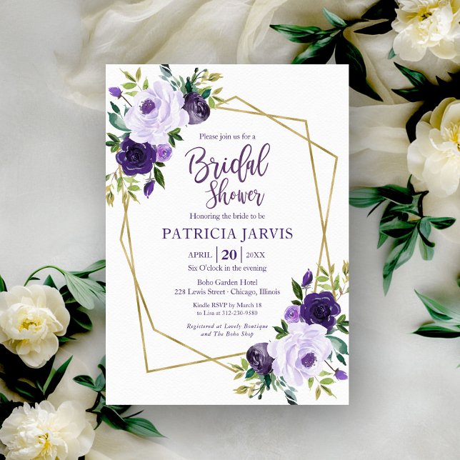 Convite de Noiva Floral Roxo Geométrico Moderno (Criador carregado)