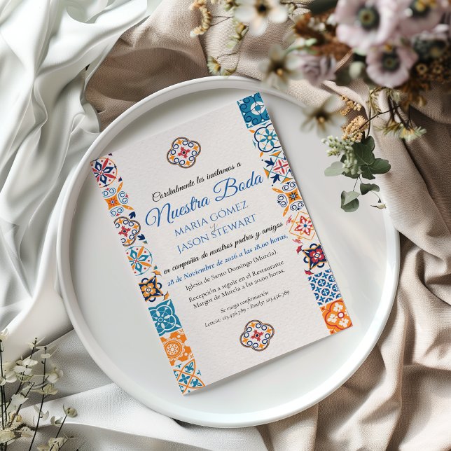 Convite de Noiva Floral Talavera Fiesta Espanhol (Talavera Floral Fiesta Spanish Wedding Invitation)