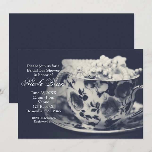 Convite de Noiva Glam Tea & Pearls Elegante Chic (Frente/Verso)