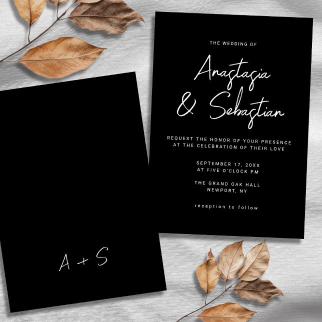 Convite de Noiva Simples em Caligrafia Preto e Bra (Simple Calligraphy Script Black & White Wedding Invitation)