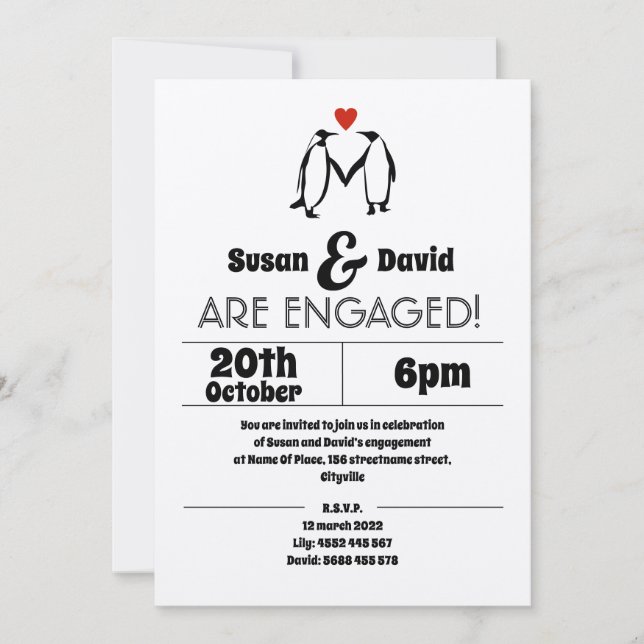 Convite de Noivado Amor de Pinguim (Frente)