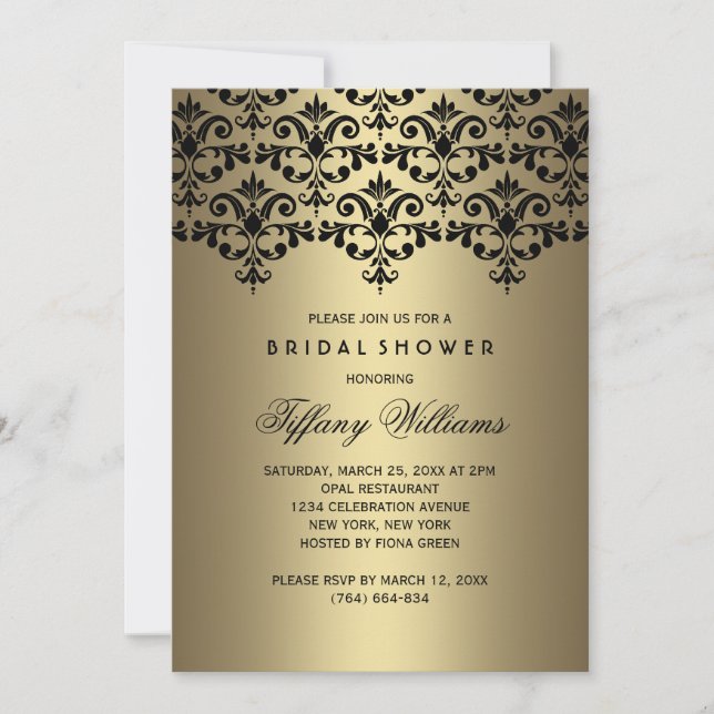 Convite de Noivado Black & Gold Vintage Damask (Frente)