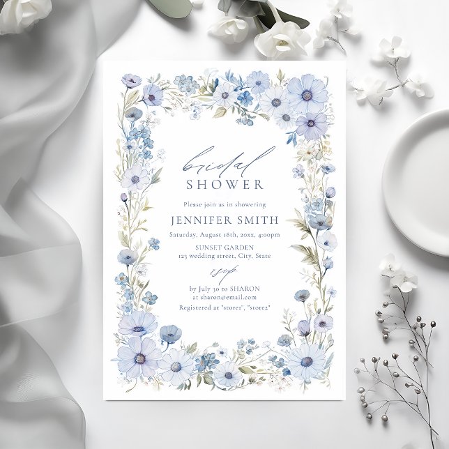 Convite de Noivado Blue Elegant Wildflower Border (Blue Elegant Wildflower Border Bridal Shower Invitation)