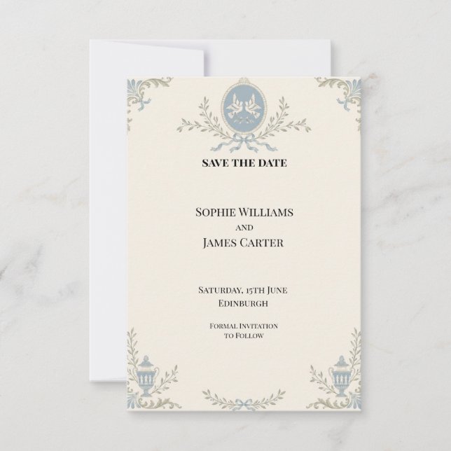 Convite de Noivado Blue Regency Cameo Save The Dat (Frente)