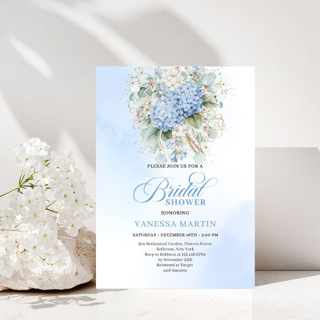 Convite de Noivado Boho Azul Elegante com Hortênsi (Elegant Boho Blue Hydrangea Gold Bridal Invitation)