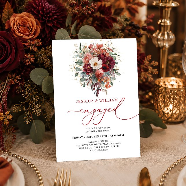 Convite de noivado Boho Burgundy Gold Floral Green (Boho Burgundy Gold Floral Greenery engagement invitation card

)