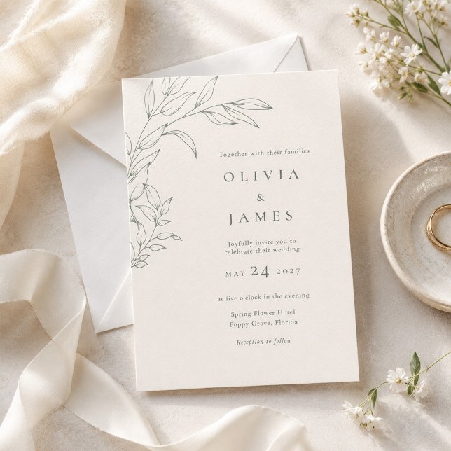 Convite de Noivado Botânico Marfim Sage Moderno (Modern Sage Ivory Botanical Wedding Invitation on an elegant table with rings and wedding decor)
