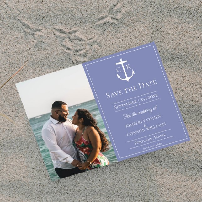 Convite de Noivado com Foto e Monograma Náutico Pe (Periwinkle Nautical Monogram Photo Save the Date)