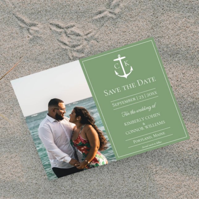 Convite de Noivado com Foto Monograma Náutico Verd (Moss Green Nautical Monogram Photo Save the Date)