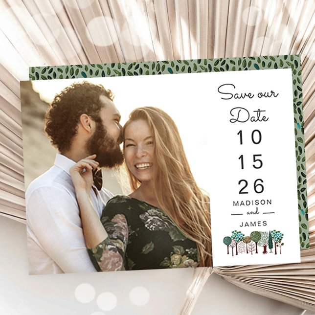 Convite de Noivado com Ícones de Árvores em Estilo (Modern Photo Wedding Save the Date with Tree Icons)