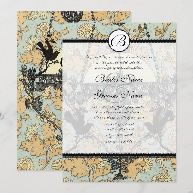 Convite de Noivado com Lustre de Pássaros Damask V (Frente/Verso)