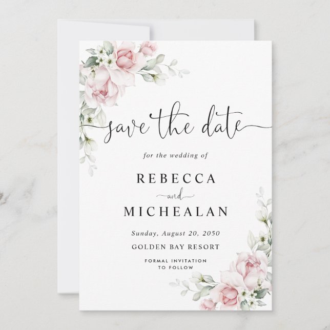 Convite de Noivado com Rosas Rosa Save The Date (Frente)