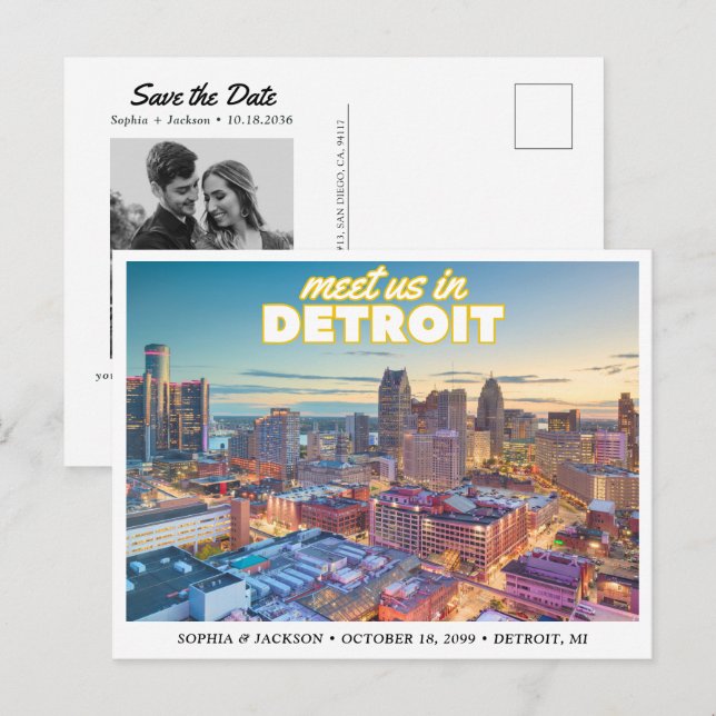 Convite de Noivado de Detroit com Paisagem Urbana (Frente/Verso)