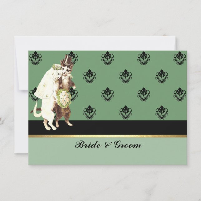 Convite de Noivado de Gatos Verde Damask Elegante (Frente)