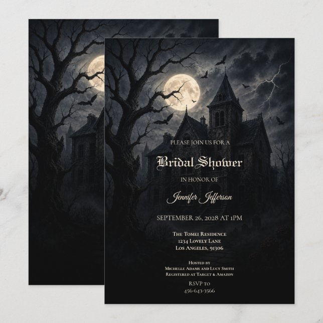 Convite de noivado de Halloween em estilo gótico d (Frente/Verso)