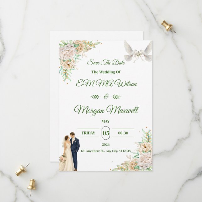 Convite de Noivado Elegant Flora Save The Date (Frente/Verso In Situ)