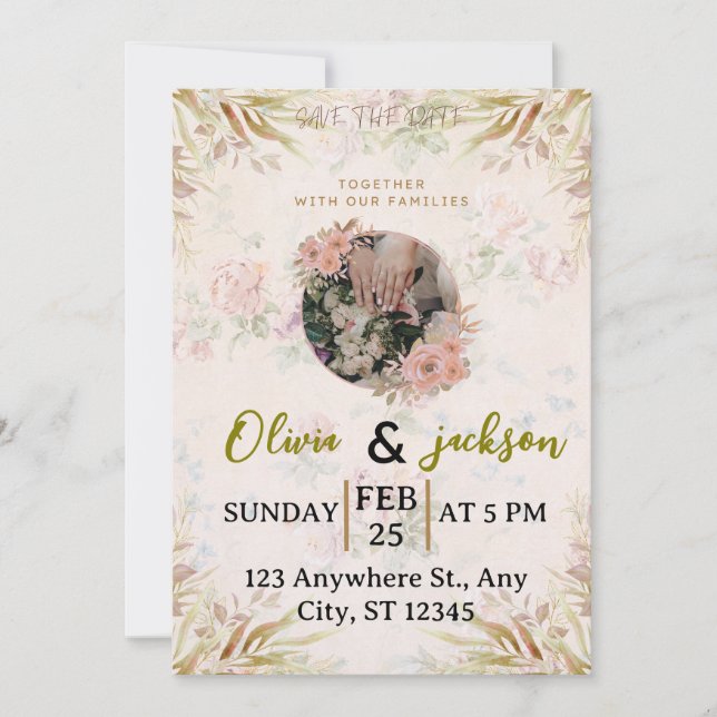 Convite de Noivado Elegante Floral Save The Date (Frente)