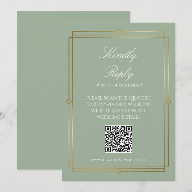 Convite de Noivado Elegante Verde Salvia com QR Co (Frente/Verso)