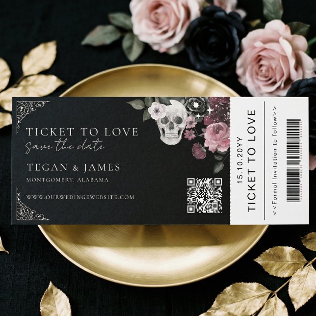 Convite de Noivado em Estilo Gótico Passagem de Em (Gothic Save the Date Boarding Pass WeddingTicket Invitation)