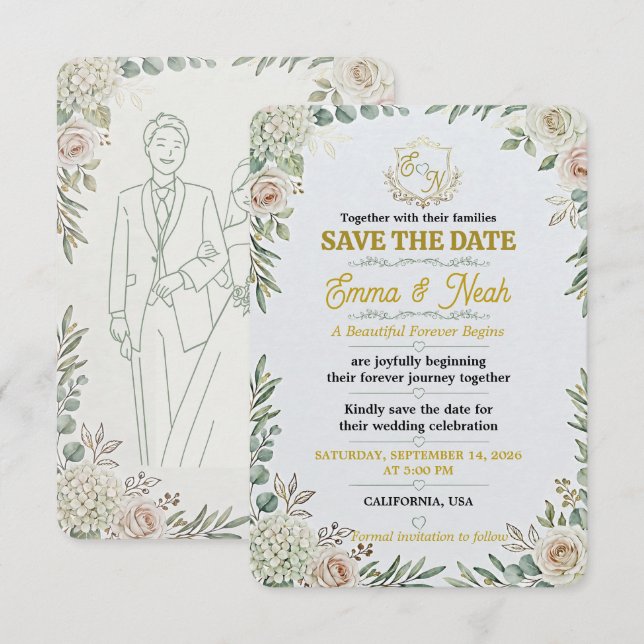 Convite de Noivado em Ouro Sage Elegante Save The  (Frente/Verso)