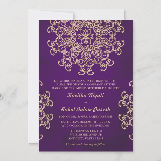 CONVITE DE NOIVADO ESTILO INDIANO ROXO E DOURADO (Frente)
