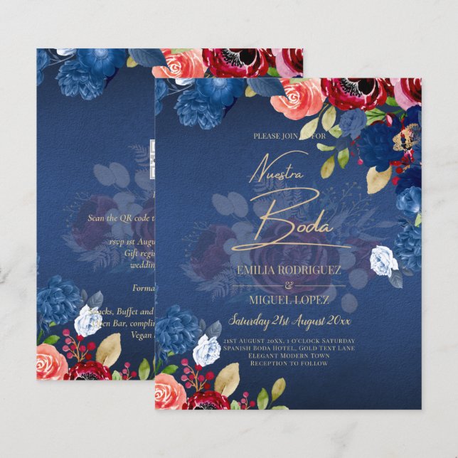 CONVITE DE NOIVADO Floral Azul Borgonha NUESTRA BO (Frente/Verso)