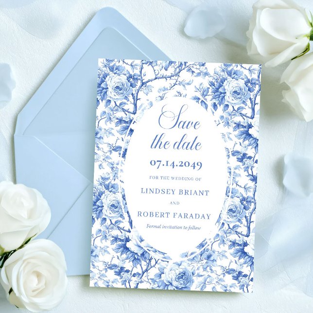 Convite de Noivado Floral Azul Real Refined  (Refined Royal Blue Floral Save the Date Wedding Card)