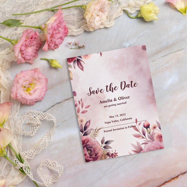 Convite de Noivado Floral Botânico Romântico para  (Blush Floral Wedding Announcement Postcard | Elegant Watercolor Botanical Wedding Card)