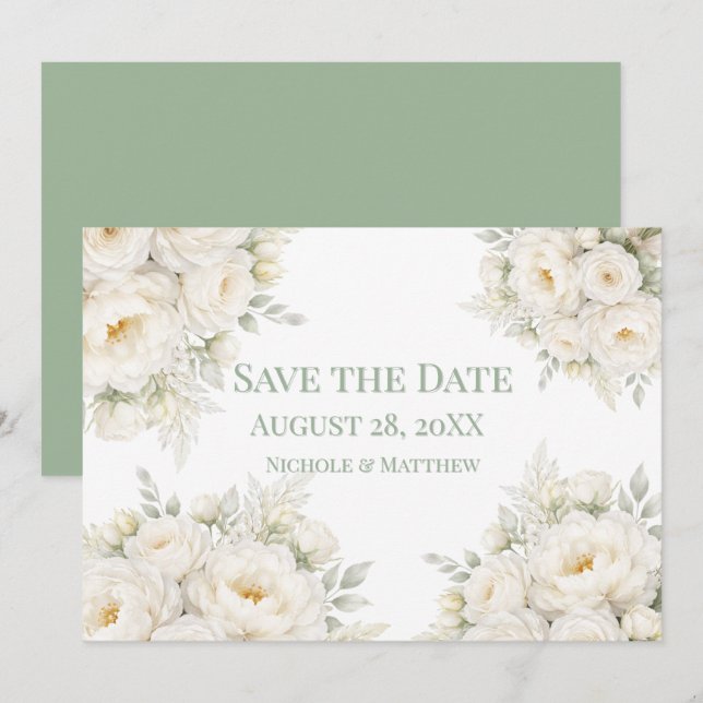 Convite de Noivado Floral Branco para Salvar a Dat (Frente/Verso)