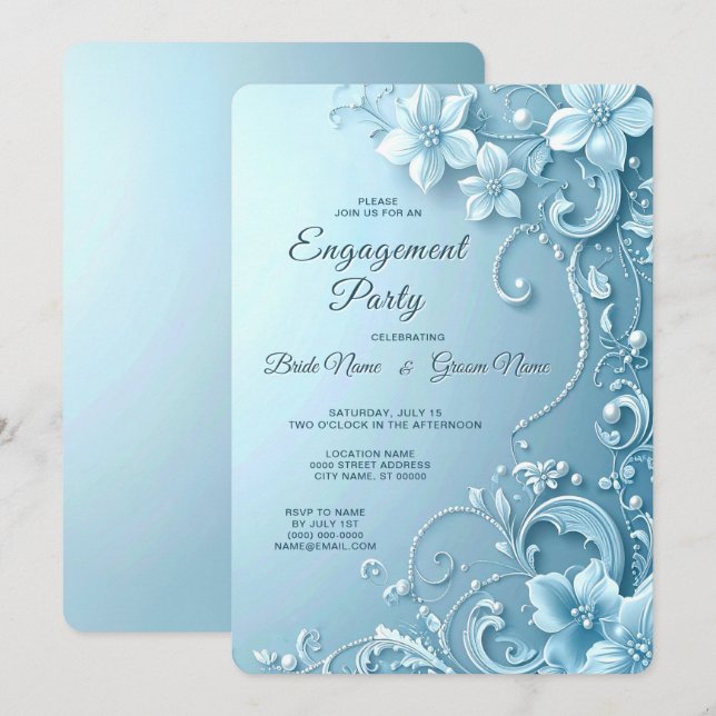 Convite de Noivado Floral Decorativo Azul (Frente/Verso)