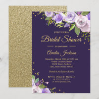 Convite de Noivado Floral Dourado Roxo Brilhante