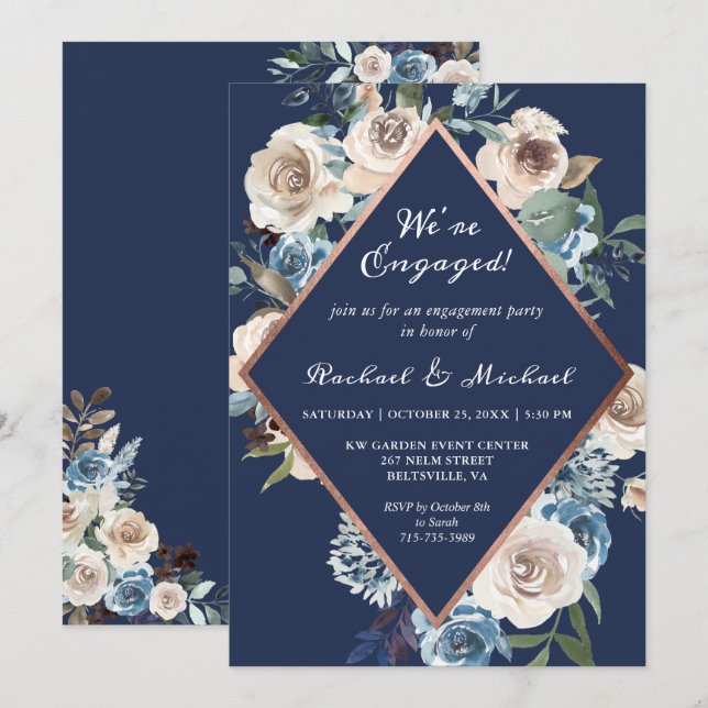 Convite de Noivado Floral em Dourado Rosa e Azul M (Frente/Verso)
