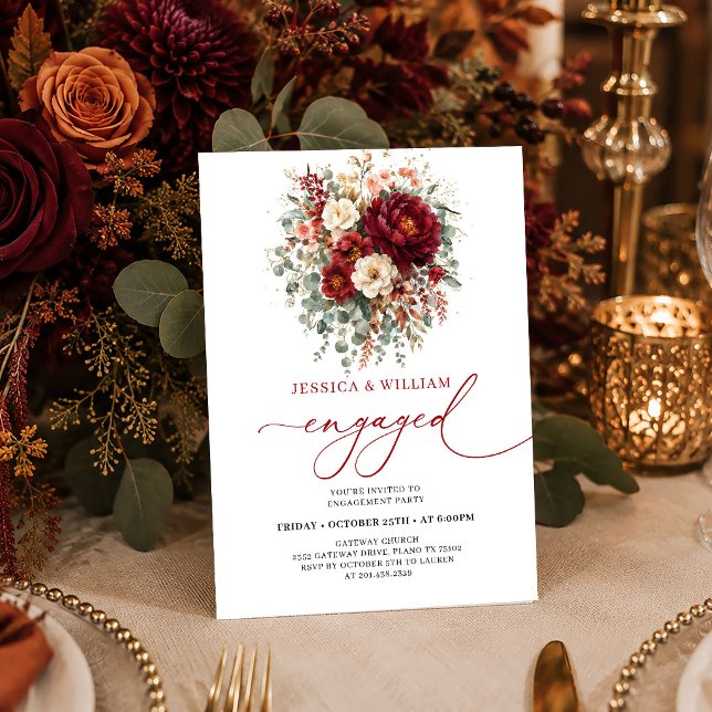 Convite de noivado floral outonal boho dourado da  (Burgundy Gold Floral Autumn Boho engagement invitation card

)