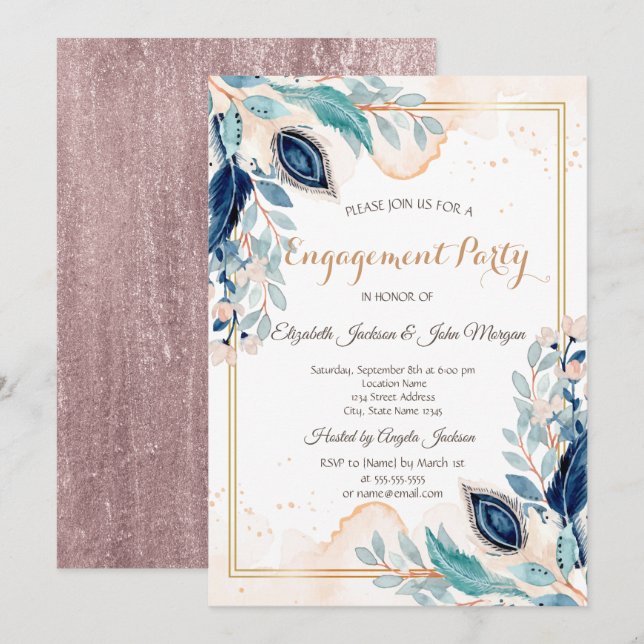 Convite de Noivado Floral Pavão Aquarela (Frente/Verso)
